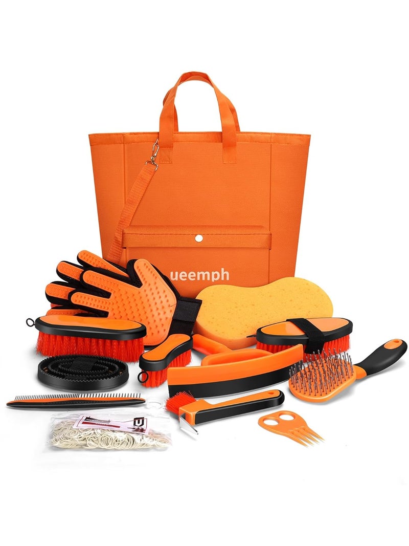 Ueemph Horse Grooming Kit（13-Piece），Orange Horse Brushes,Storage Bag, Sweat Scraper,Mane Comb,Horse Grooming Gloves, Gifts for Girls (Orange) - Image 1